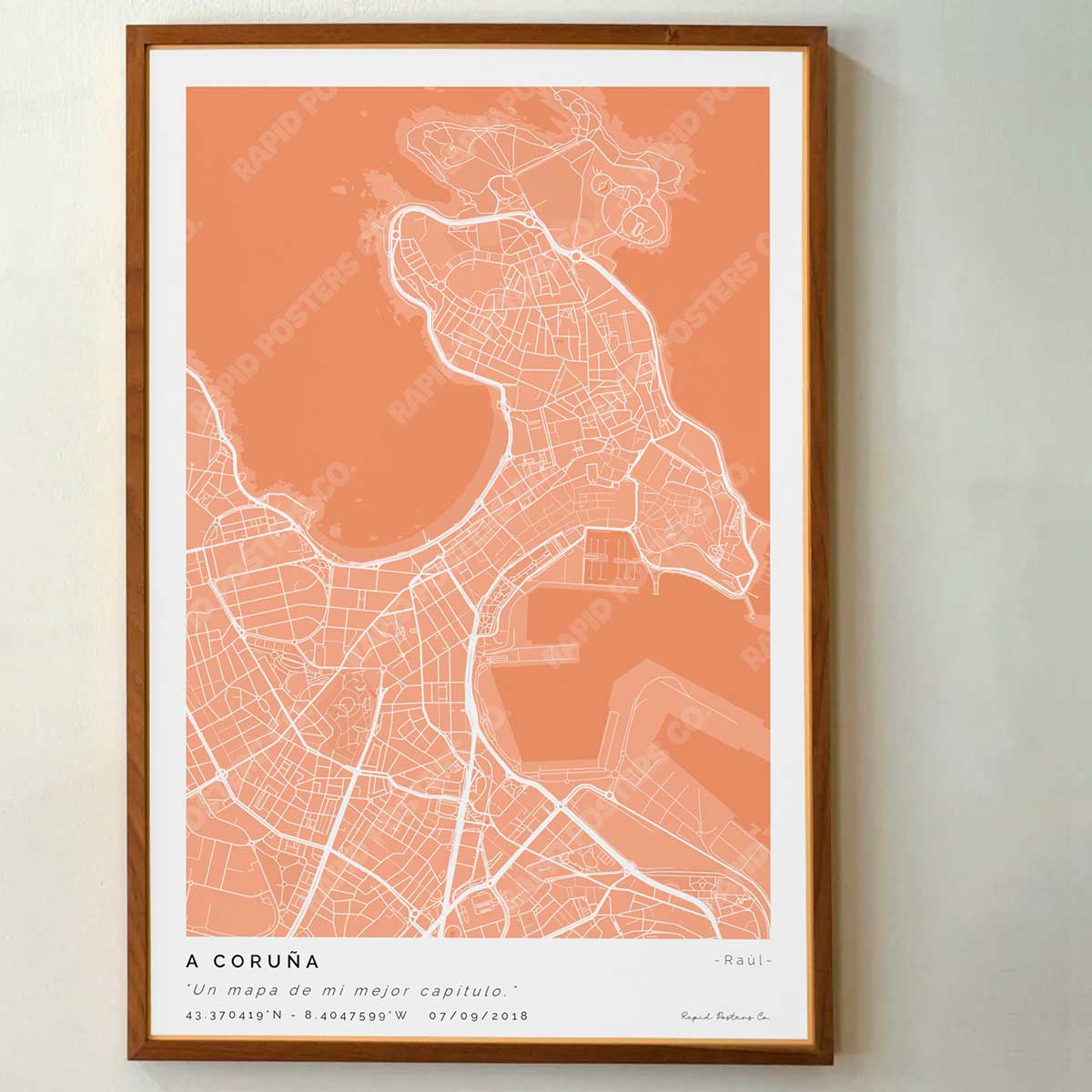 Póster personalizado con ubicación y textos donde todo comenzó del mapa de la ciudad de A Coruña con frase y nombres. Diseño del mapa personalizado ideal para regalo único y original. Impresión de alta calidad, regalo perfecto para familias de A Coruña.