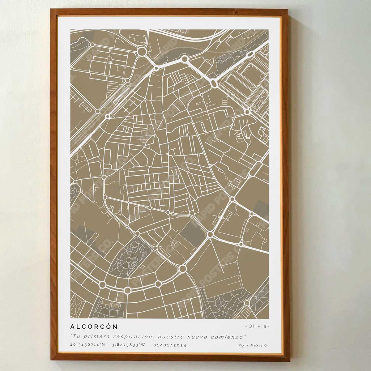 Póster personalizado con ubicación y textos donde todo comenzó del mapa de la ciudad de Alcorcón con frase y nombres. Diseño del mapa personalizado ideal para regalo único y original. Impresión de alta calidad, regalo perfecto para familias de Alcorcón.