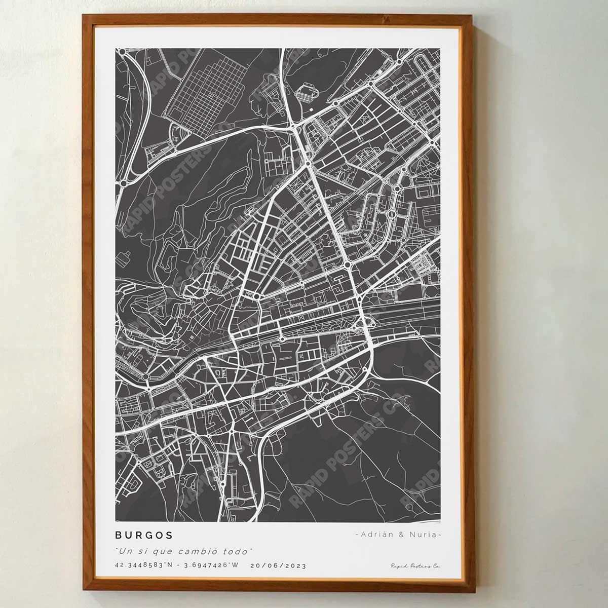 Póster personalizado con ubicación y textos donde todo comenzó del mapa de la ciudad de Burgos con frase y nombres. Diseño del mapa personalizado ideal para regalo único y original. Impresión de alta calidad, regalo perfecto para familias de Burgos.