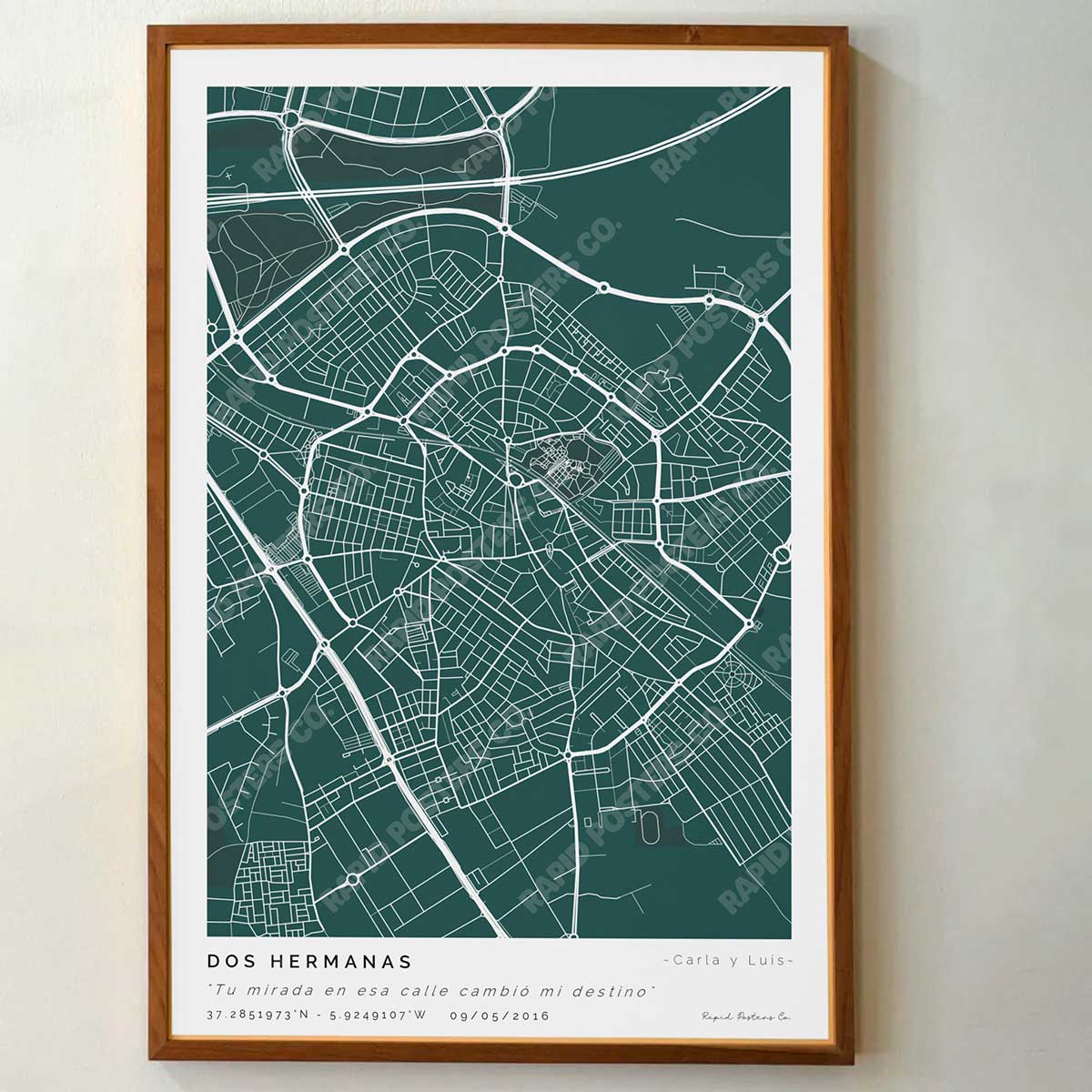 Póster personalizado con ubicación y textos donde todo comenzó del mapa de la ciudad de Dos Hermanas con frase y nombres. Diseño del mapa personalizado ideal para regalo único y original. Impresión de alta calidad, regalo perfecto para familias de Dos Hermanas.