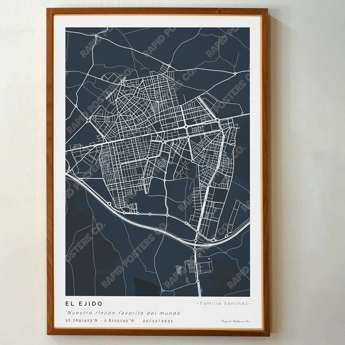 Póster personalizado con ubicación y textos donde todo comenzó del mapa de la ciudad de El Ejido con frase y nombres. Diseño del mapa personalizado ideal para regalo único y original. Impresión de alta calidad, regalo perfecto para familias de El Ejido.