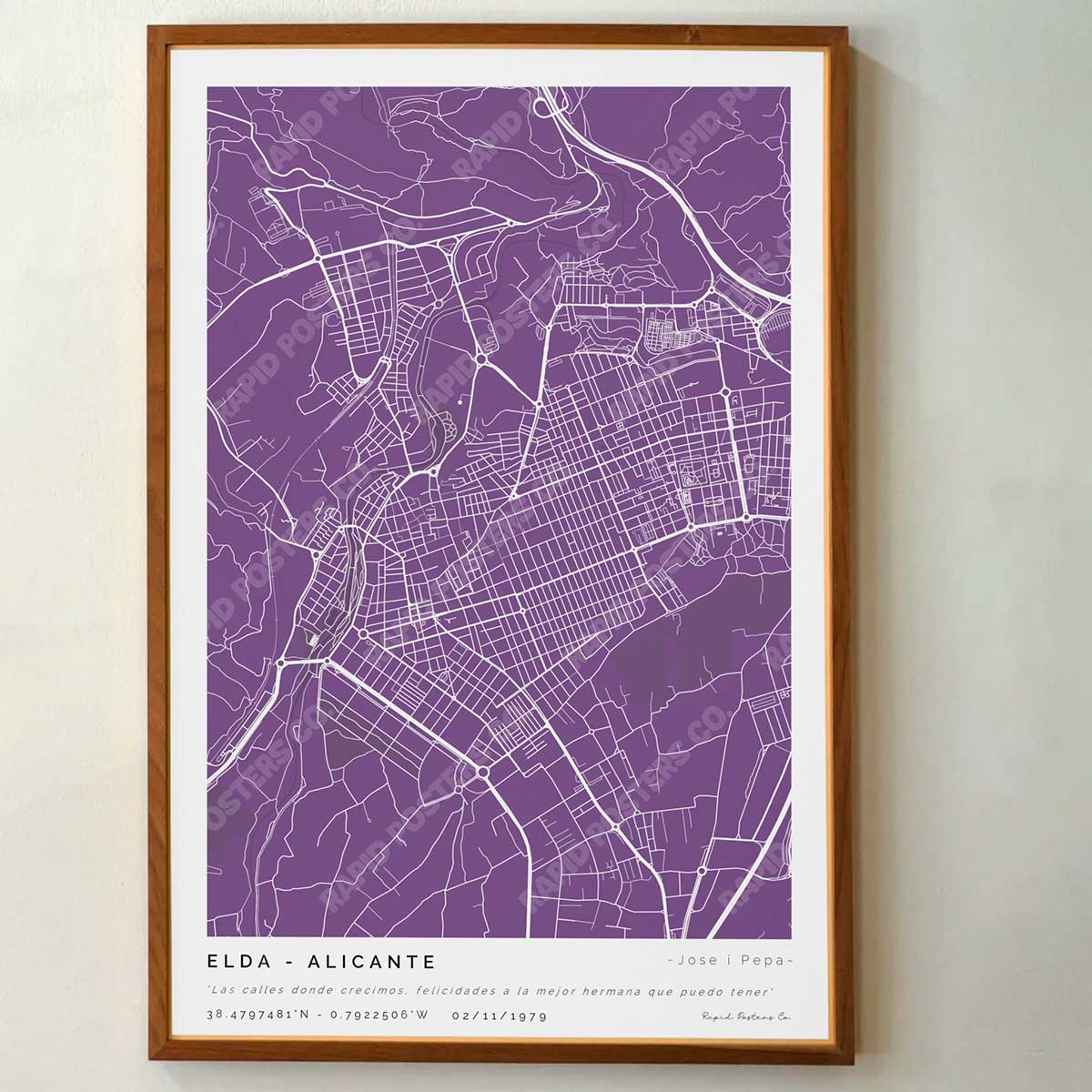 Póster personalizado con ubicación y textos donde todo comenzó del mapa de la ciudad de Elda con frase y nombres. Diseño del mapa personalizado ideal para regalo único y original. Impresión de alta calidad, regalo perfecto para familias de Elda.