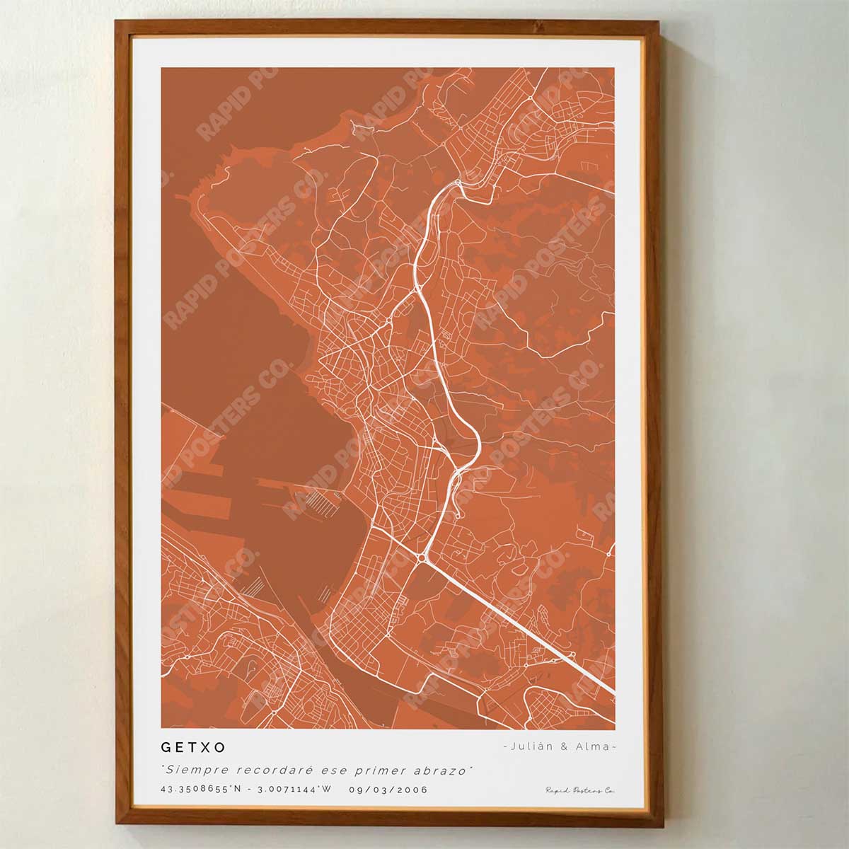 Póster personalizado con ubicación y textos donde todo comenzó del mapa de la ciudad de Getxo con frase y nombres. Diseño del mapa personalizado ideal para regalo único y original. Impresión de alta calidad, regalo perfecto para familias de Getxo.