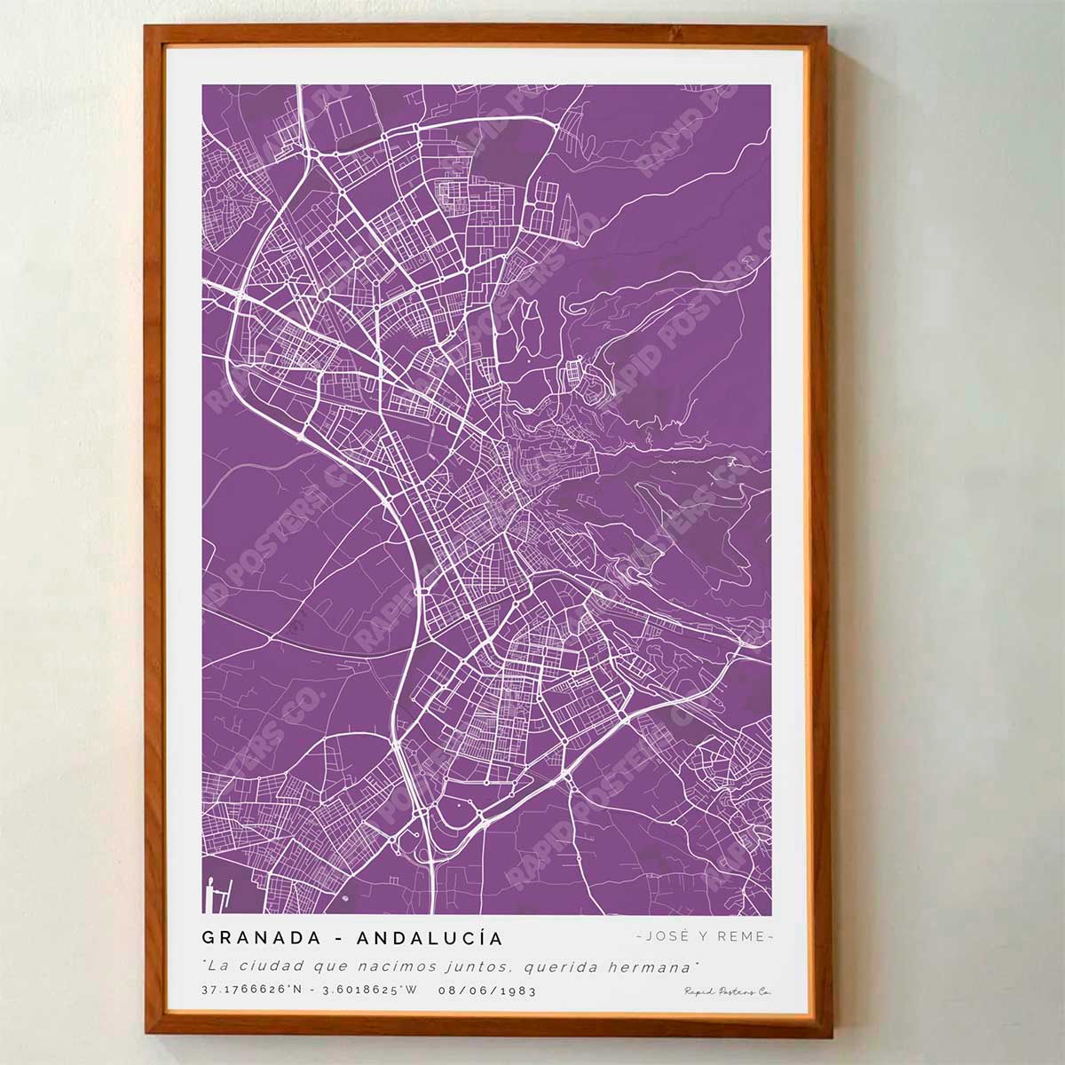 Póster personalizado con ubicación y textos donde todo comenzó del mapa de la ciudad de Granada con frase y nombres. Diseño del mapa personalizado ideal para regalo único y original. Impresión de alta calidad, regalo perfecto para familias de Granada.