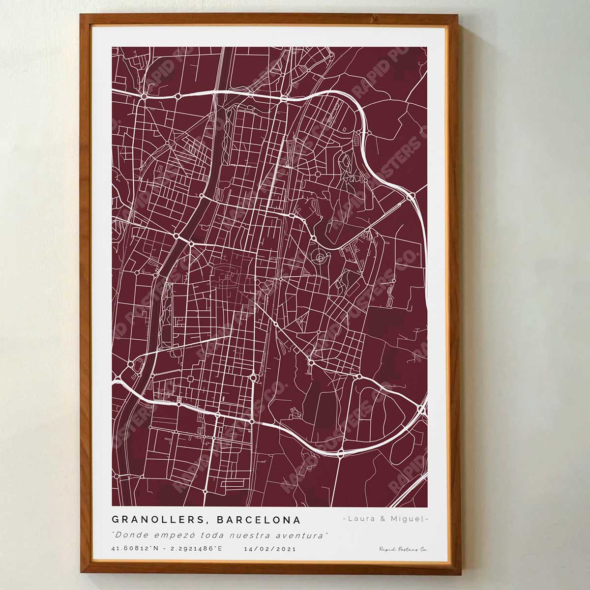 Póster personalizado con ubicación y textos donde todo comenzó del mapa de la ciudad de Granollers con frase y nombres. Diseño del mapa personalizado ideal para regalo único y original. Impresión de alta calidad, regalo perfecto para familias de Granollers.
