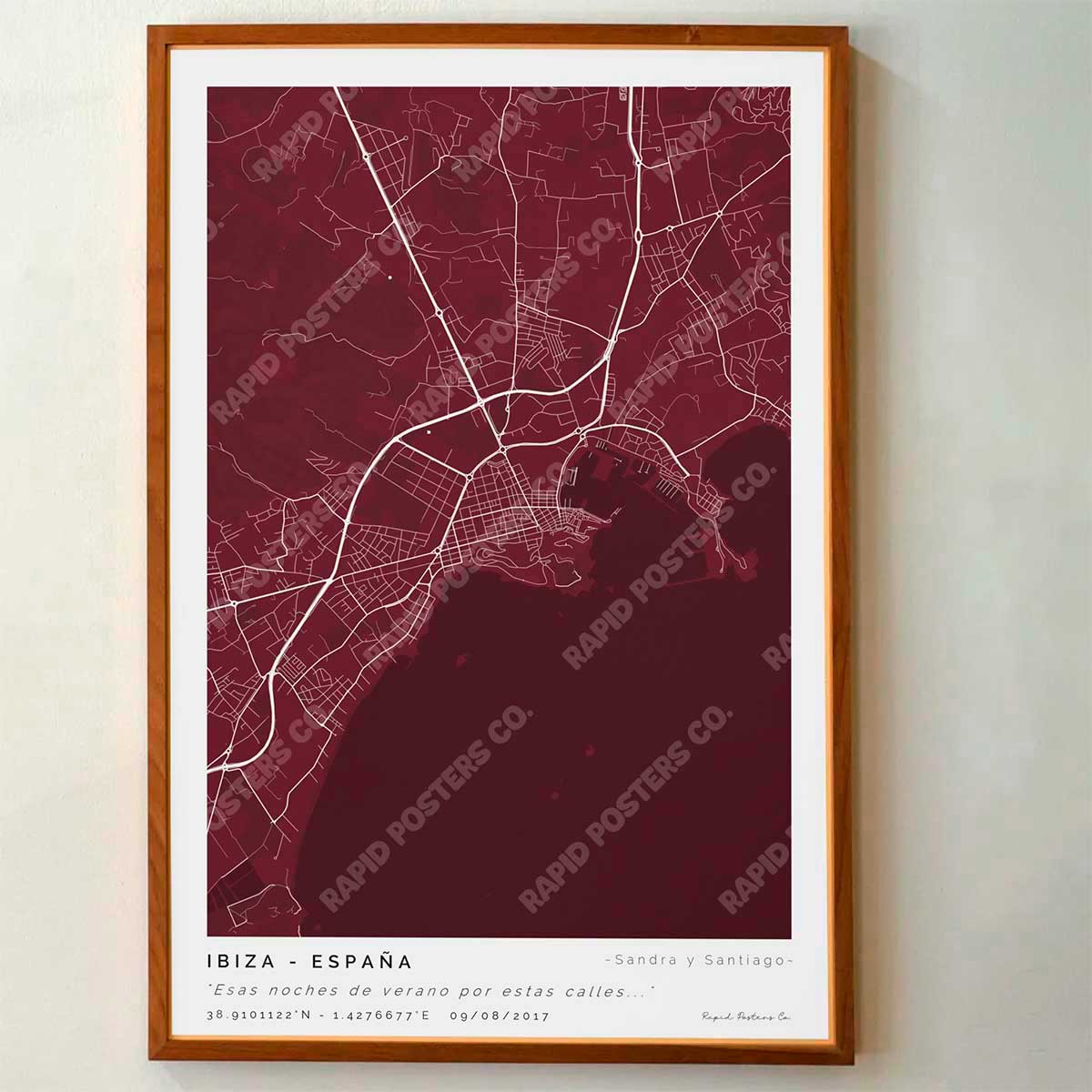 Póster personalizado con ubicación y textos donde todo comenzó del mapa de la ciudad de Ibiza con frase y nombres. Diseño del mapa personalizado ideal para regalo único y original. Impresión de alta calidad, regalo perfecto para familias de Ibiza.
