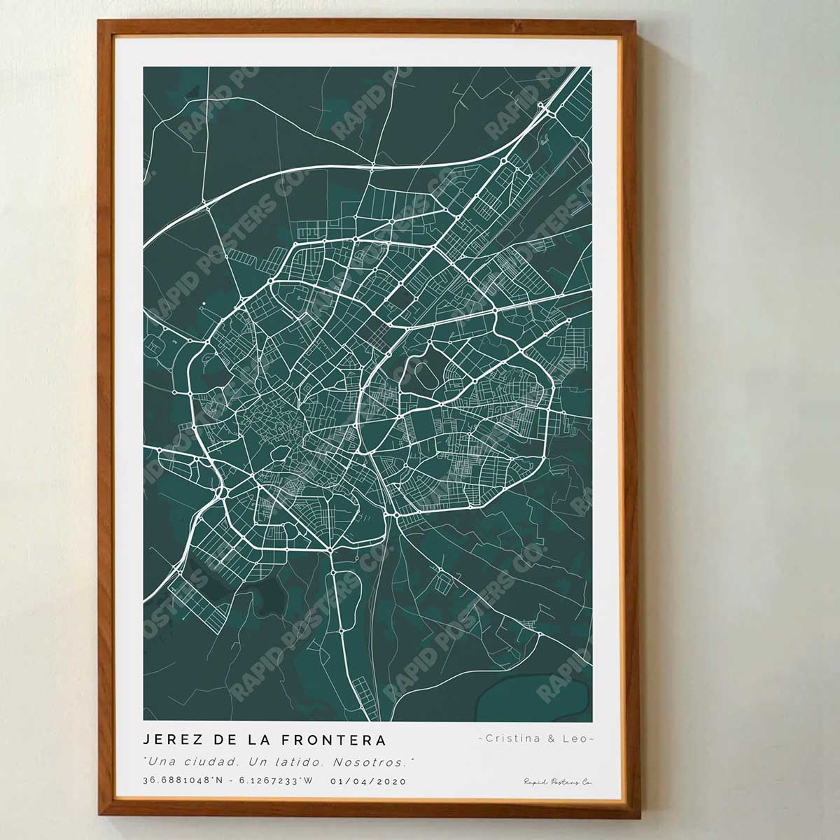 Póster personalizado con ubicación y textos donde todo comenzó del mapa de la ciudad de Jerez de la Frontera con frase y nombres. Diseño del mapa personalizado ideal para regalo único y original. Impresión de alta calidad, regalo perfecto para familias de Jerez de la Frontera.