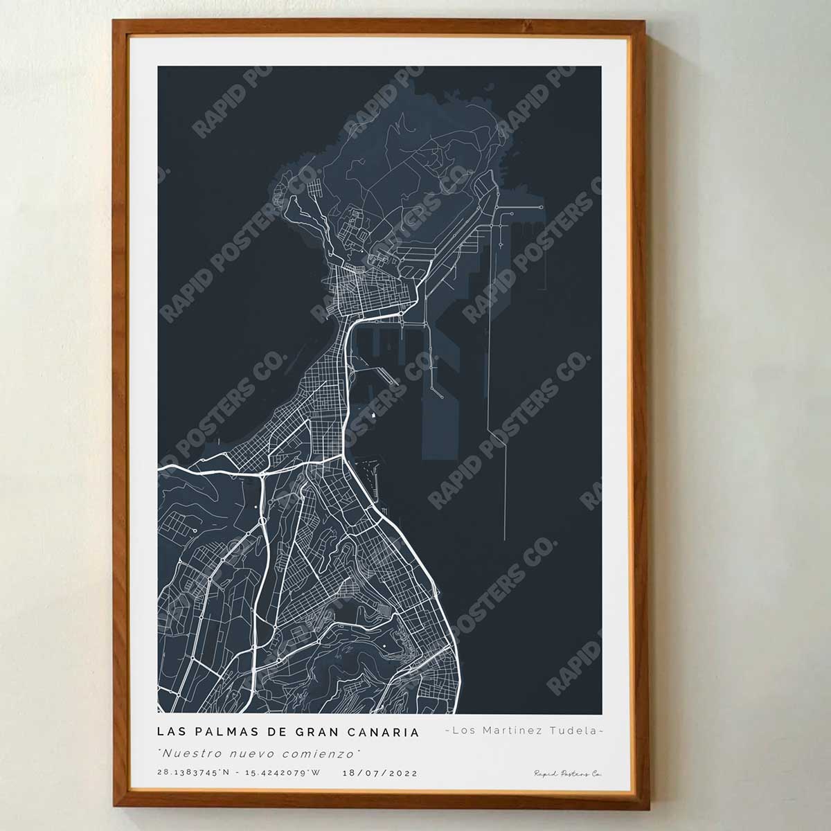 Póster personalizado con ubicación y textos donde todo comenzó del mapa de la ciudad de Las Palmas de Gran Canaria con frase y nombres. Diseño del mapa personalizado ideal para regalo único y original. Impresión de alta calidad, regalo perfecto para familias de Las Palmas de Gran Canaria.