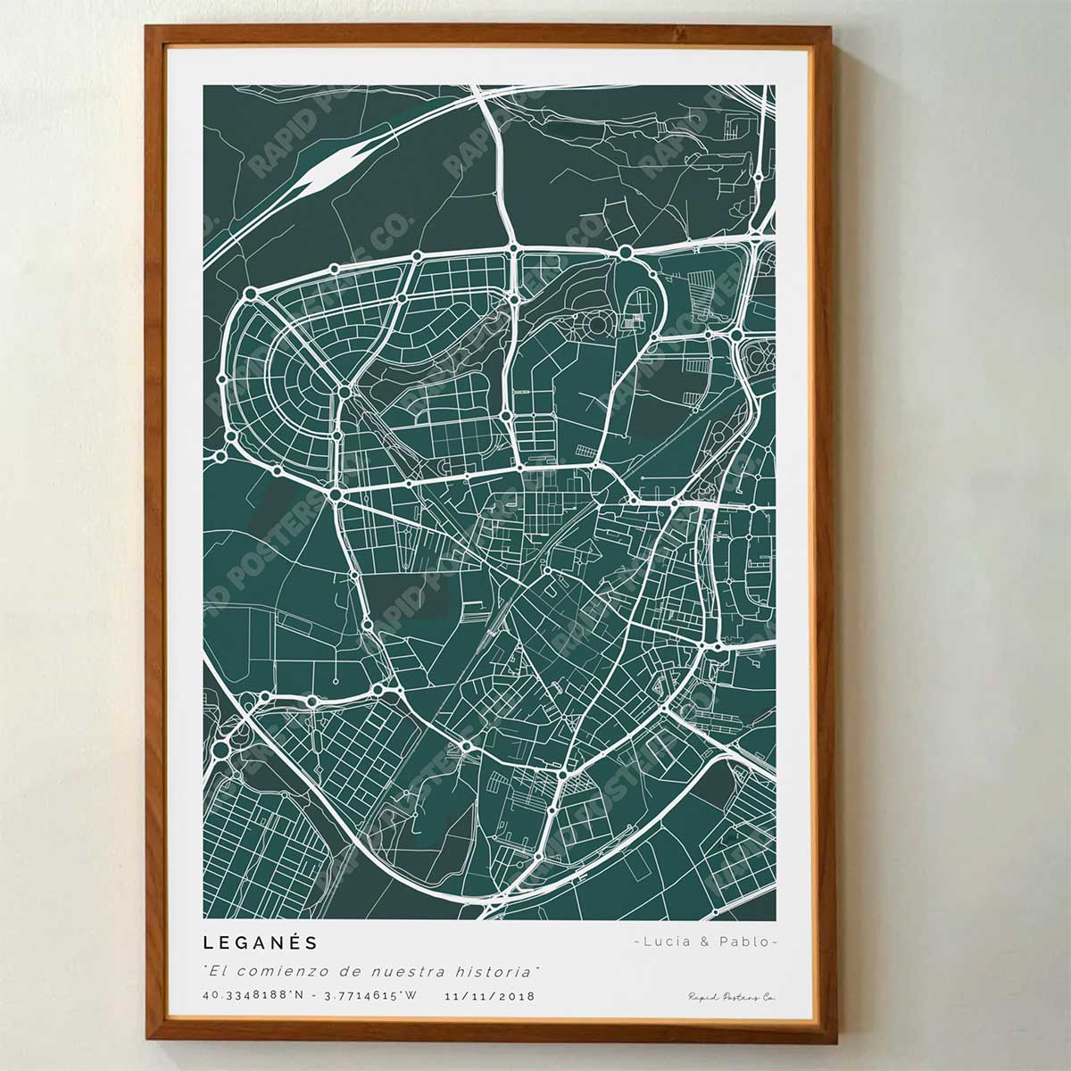 Póster personalizado con ubicación y textos donde todo comenzó del mapa de la ciudad de Leganés con frase y nombres. Diseño del mapa personalizado ideal para regalo único y original. Impresión de alta calidad, regalo perfecto para familias de Leganés.