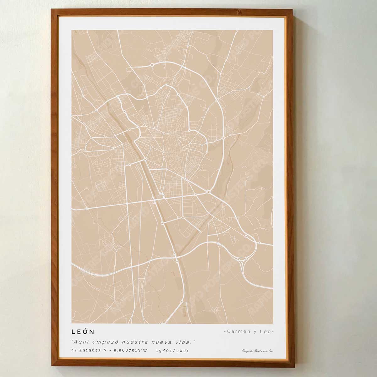 Póster personalizado con ubicación y textos donde todo comenzó del mapa de la ciudad de León con frase y nombres. Diseño del mapa personalizado ideal para regalo único y original. Impresión de alta calidad, regalo perfecto para familias de León.