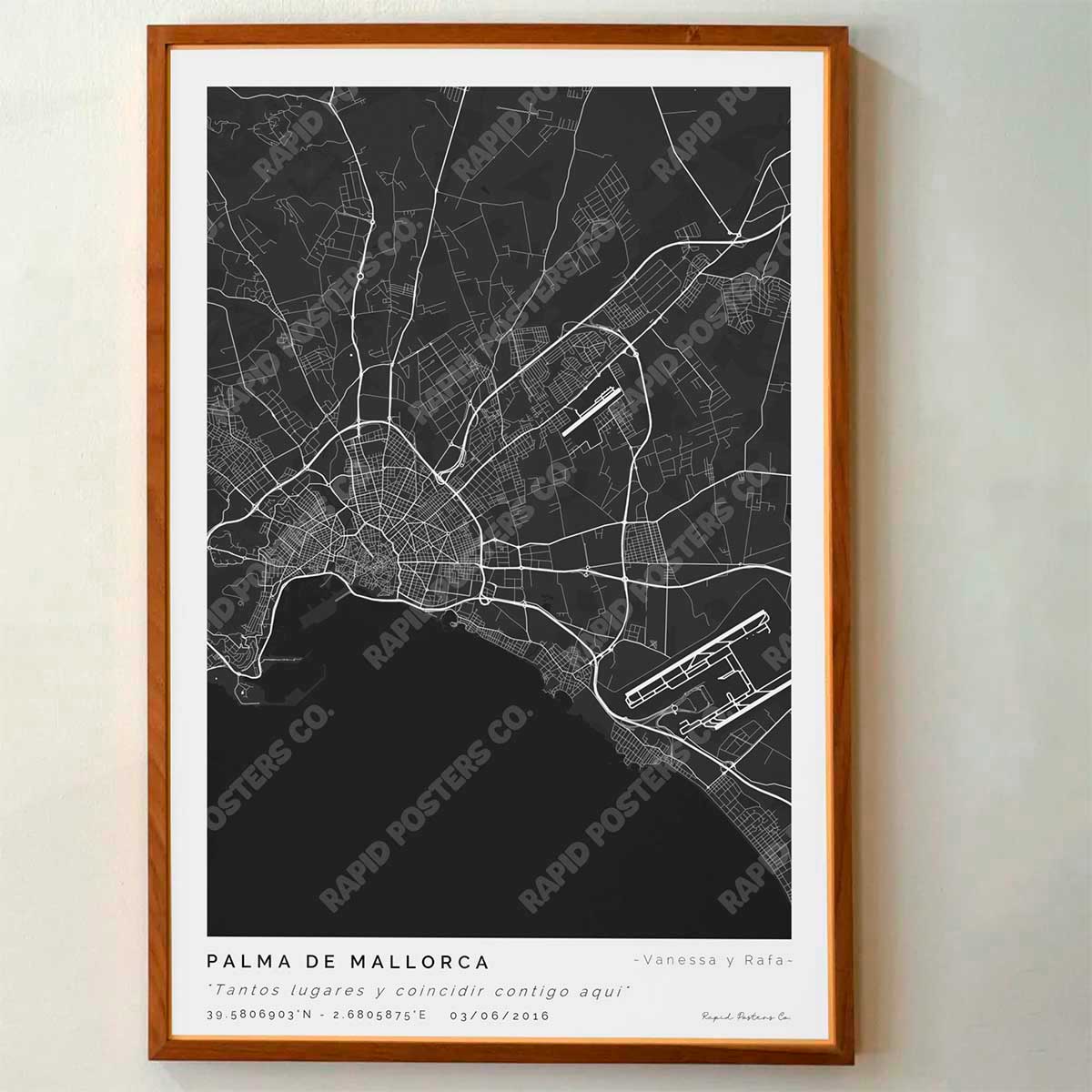 Póster personalizado con ubicación y textos donde todo comenzó del mapa de la ciudad de Palma de Mallorca con frase y nombres. Diseño del mapa personalizado ideal para regalo único y original. Impresión de alta calidad, regalo perfecto para familias de Palma de Mallorca.