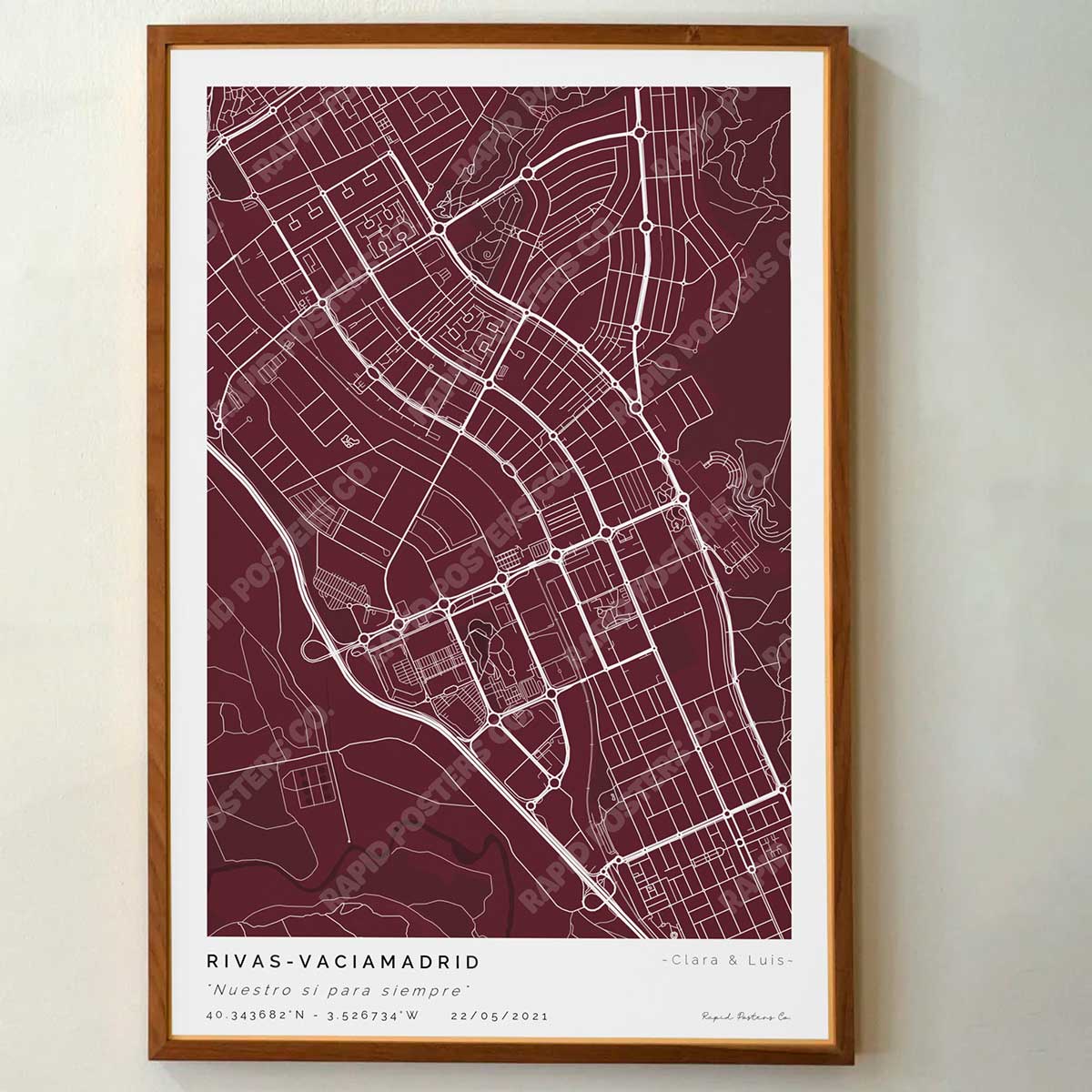 Póster personalizado con ubicación y textos donde todo comenzó del mapa de la ciudad de Rivas Vaciamadrid con frase y nombres. Diseño del mapa personalizado ideal para regalo único y original. Impresión de alta calidad, regalo perfecto para familias de Rivas Vaciamadrid.