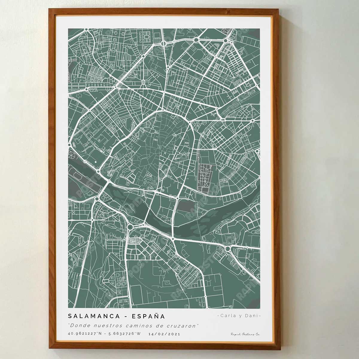 Póster personalizado con ubicación y textos donde todo comenzó del mapa de la ciudad de Salamanca con frase y nombres. Diseño del mapa personalizado ideal para regalo único y original. Impresión de alta calidad, regalo perfecto para familias de Salamanca.