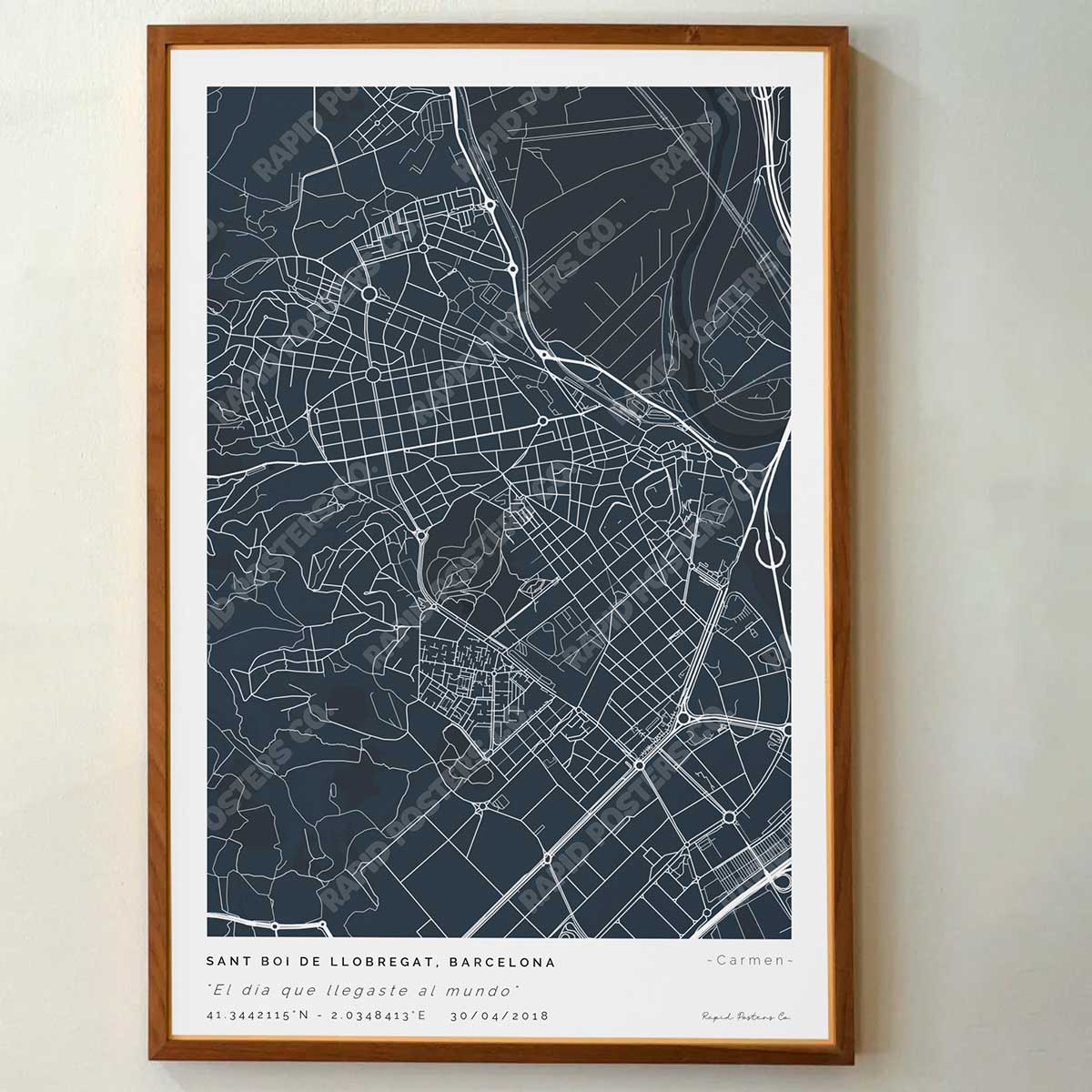 Póster personalizado con ubicación y textos donde todo comenzó del mapa de la ciudad de Sant Boi de Llobregat con frase y nombres. Diseño del mapa personalizado ideal para regalo único y original. Impresión de alta calidad, regalo perfecto para familias de Sant Boi de Llobregat.