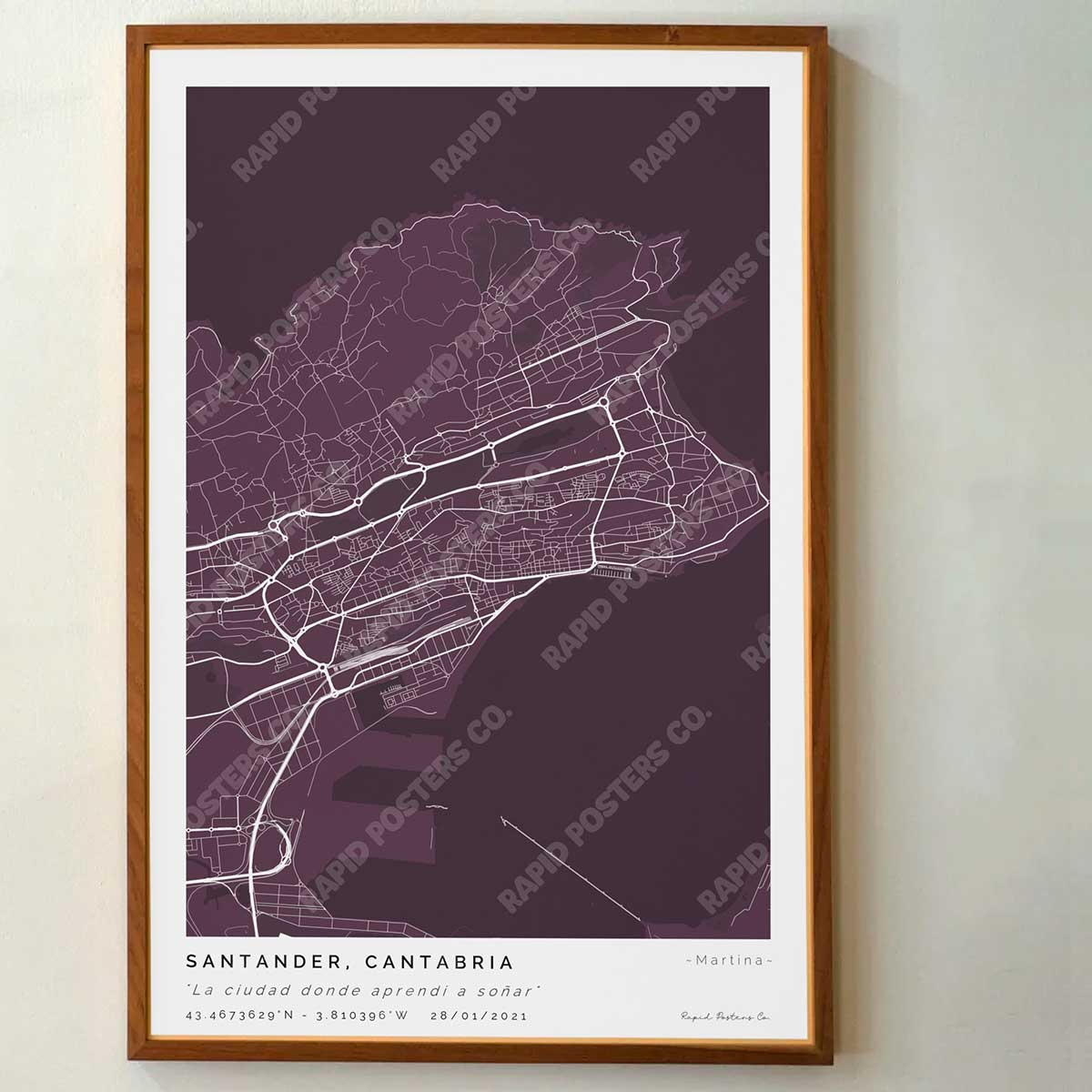 Póster personalizado con ubicación y textos donde todo comenzó del mapa de la ciudad de Santander con frase y nombres. Diseño del mapa personalizado ideal para regalo único y original. Impresión de alta calidad, regalo perfecto para familias de Santander.
