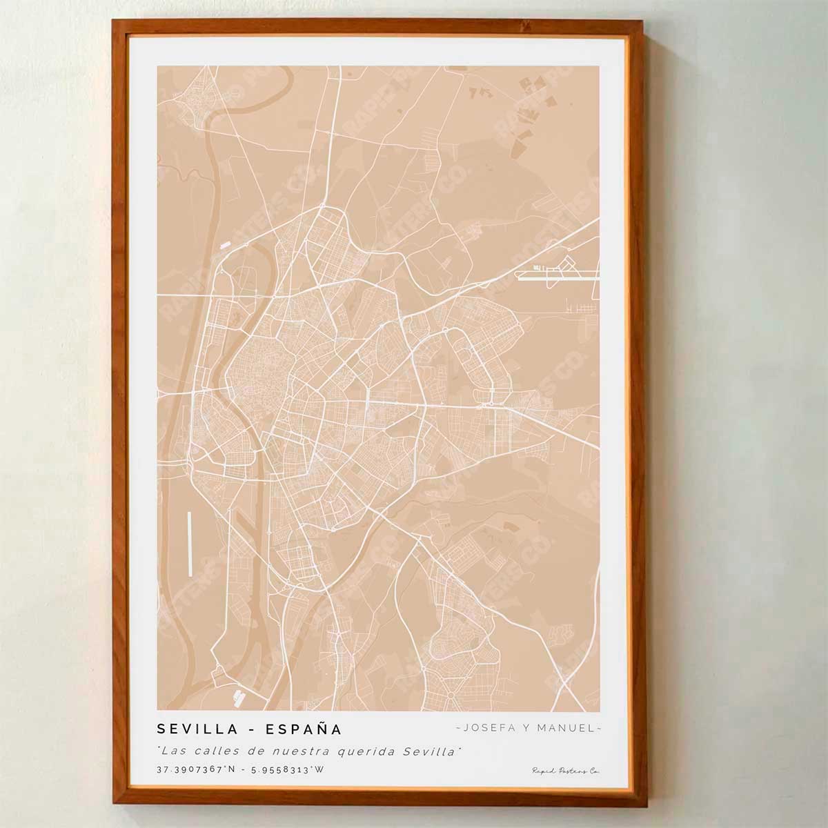 Póster personalizado con ubicación y textos donde todo comenzó del mapa de la ciudad de Sevilla con frase y nombres. Diseño del mapa personalizado ideal para regalo único y original. Impresión de alta calidad, regalo perfecto para familias de Sevilla.