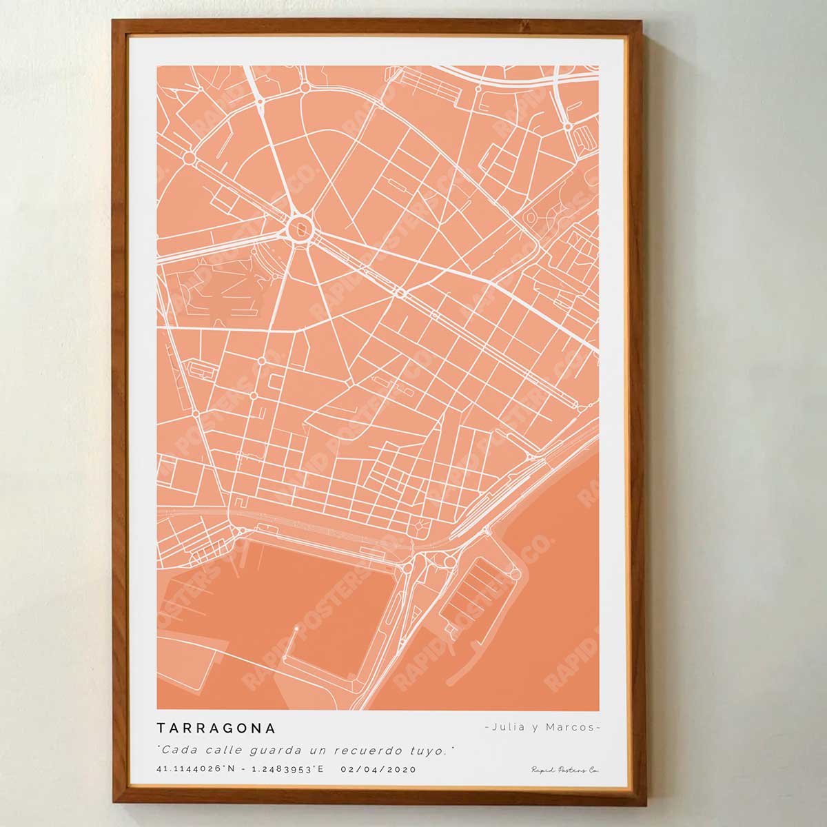 Póster personalizado con ubicación y textos donde todo comenzó del mapa de la ciudad de Tarragona con frase y nombres. Diseño del mapa personalizado ideal para regalo único y original. Impresión de alta calidad, regalo perfecto para familias de Tarragona.