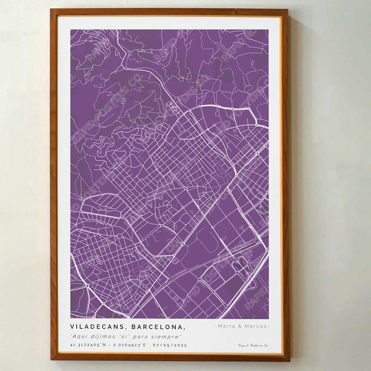 Póster personalizado con ubicación y textos donde todo comenzó del mapa de la ciudad de Viladecans con frase y nombres. Diseño del mapa personalizado ideal para regalo único y original. Impresión de alta calidad, regalo perfecto para familias de Viladecans.