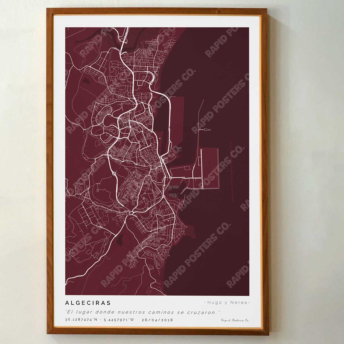 Póster personalizado con ubicación y textos donde todo comenzó del mapa de la ciudad de Algeciras con frase y nombres. Diseño del mapa personalizado ideal para regalo único y original. Impresión de alta calidad, regalo perfecto para familias de Algeciras.