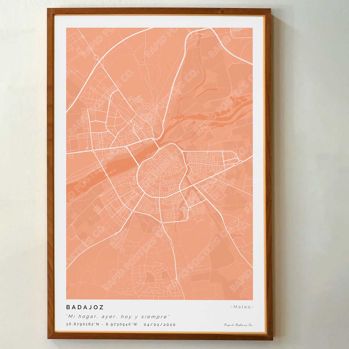 Póster personalizado con ubicación y textos donde todo comenzó del mapa de la ciudad de Badajoz con frase y nombres. Diseño del mapa personalizado ideal para regalo único y original. Impresión de alta calidad, regalo perfecto para familias de Badajoz.