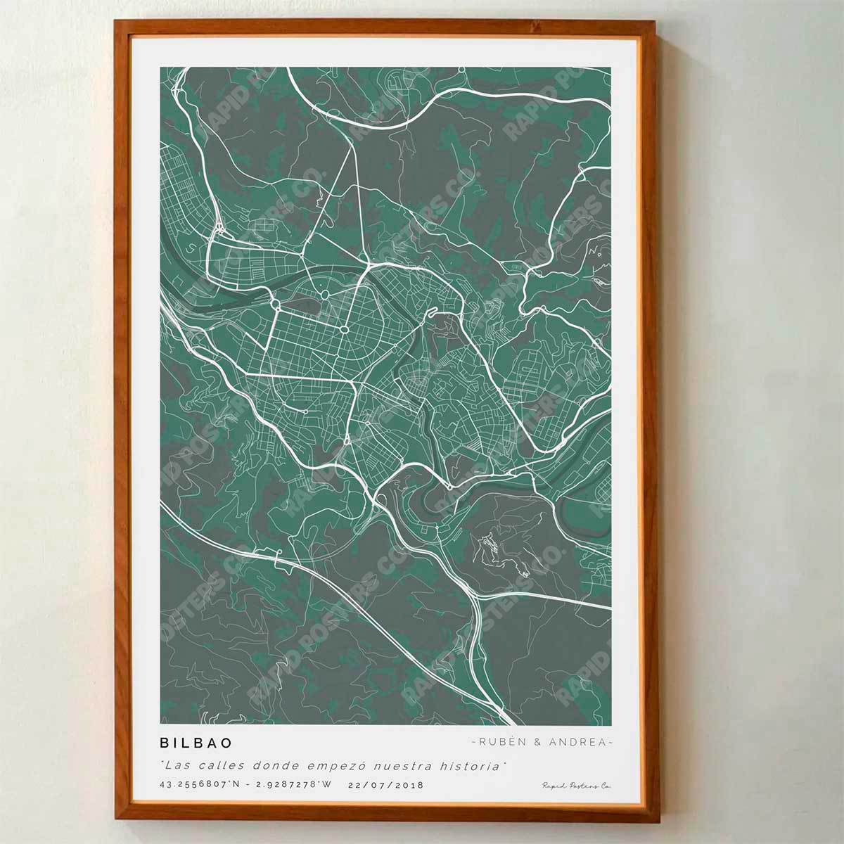 Póster personalizado con ubicación y textos donde todo comenzó del mapa de la ciudad de Bilbao con frase y nombres. Diseño del mapa personalizado ideal para regalo único y original. Impresión de alta calidad, regalo perfecto para familias de Bilbao.