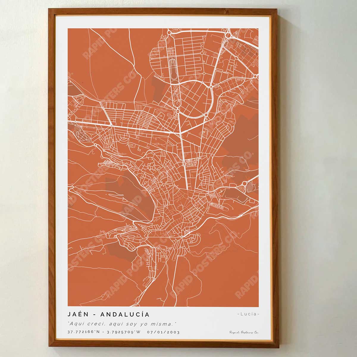 Póster personalizado con ubicación y textos donde todo comenzó del mapa de la ciudad de Jaén con frase y nombres. Diseño del mapa personalizado ideal para regalo único y original. Impresión de alta calidad, regalo perfecto para familias de Jaén.