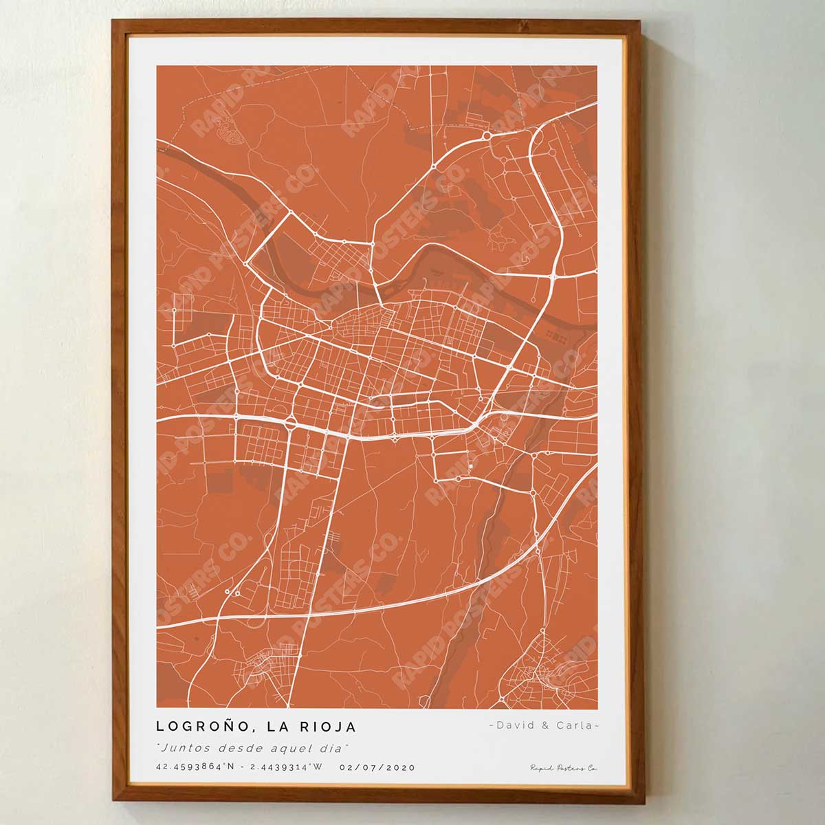 Póster personalizado con ubicación y textos donde todo comenzó del mapa de la ciudad de Logroño con frase y nombres. Diseño del mapa personalizado ideal para regalo único y original. Impresión de alta calidad, regalo perfecto para familias de Logroño.