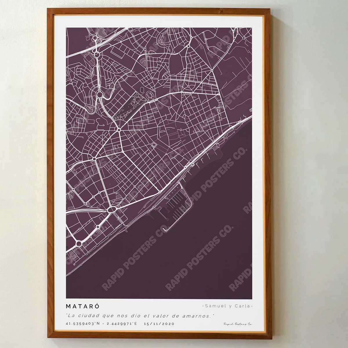 Póster personalizado con ubicación y textos donde todo comenzó del mapa de la ciudad de Mataró con frase y nombres. Diseño del mapa personalizado ideal para regalo único y original. Impresión de alta calidad, regalo perfecto para familias de Mataró.