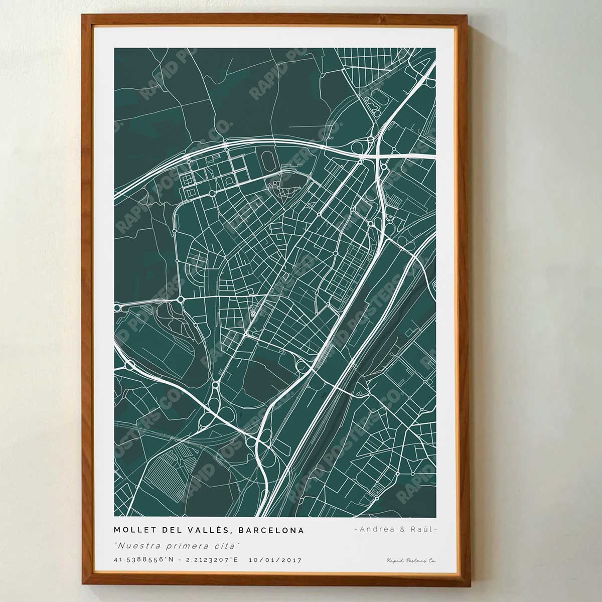 Póster personalizado con ubicación y textos donde todo comenzó del mapa de la ciudad de Mollet del Vallés con frase y nombres. Diseño del mapa personalizado ideal para regalo único y original. Impresión de alta calidad, regalo perfecto para familias de Mollet del Vallés.