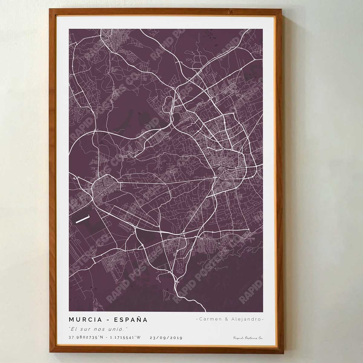 Póster personalizado con ubicación y textos donde todo comenzó del mapa de la ciudad de Murcia con frase y nombres. Diseño del mapa personalizado ideal para regalo único y original. Impresión de alta calidad, regalo perfecto para familias de Murcia.