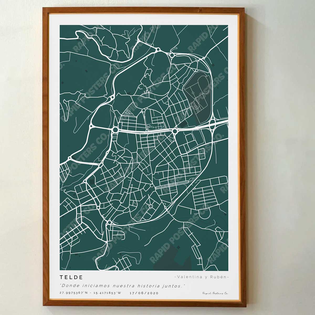 Póster personalizado con ubicación y textos donde todo comenzó del mapa de la ciudad de Telde con frase y nombres. Diseño del mapa personalizado ideal para regalo único y original. Impresión de alta calidad, regalo perfecto para familias de Telde.
