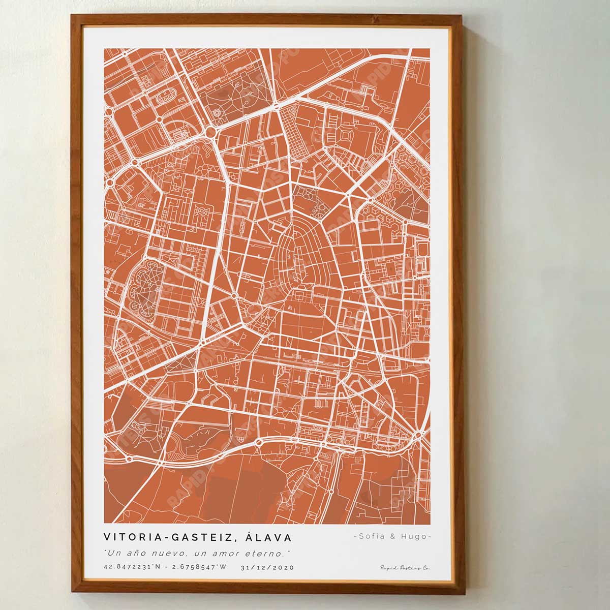 Póster personalizado con ubicación y textos donde todo comenzó del mapa de la ciudad de Vitoria Gasteiz con frase y nombres. Diseño del mapa personalizado ideal para regalo único y original. Impresión de alta calidad, regalo perfecto para familias de Vitoria Gasteiz.